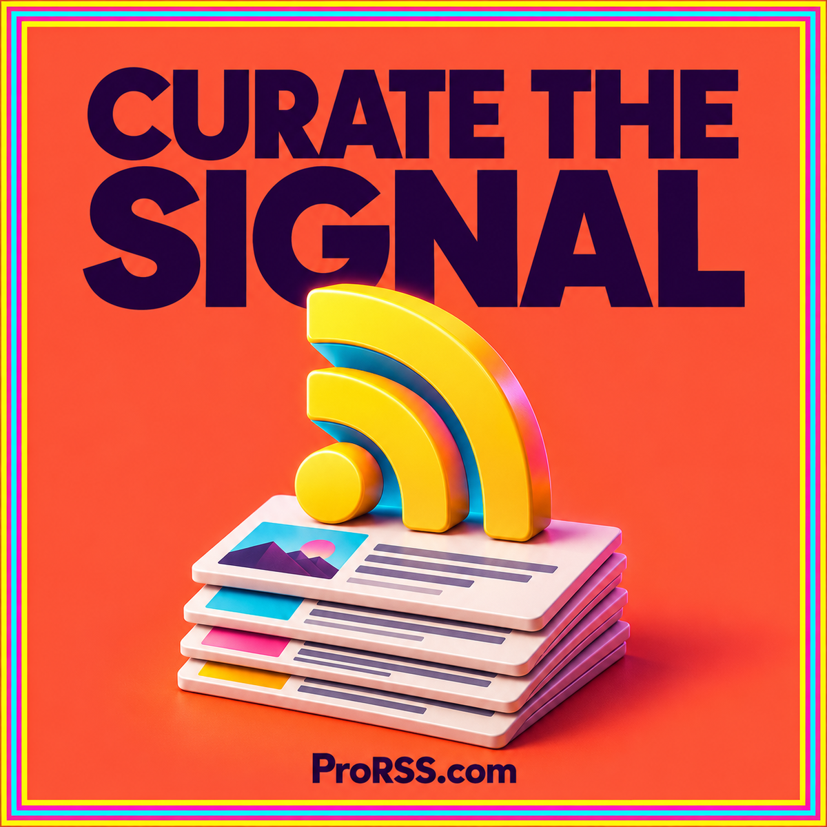 Curate a useful news feed — neon editorial illustration with ProRSS.com branding