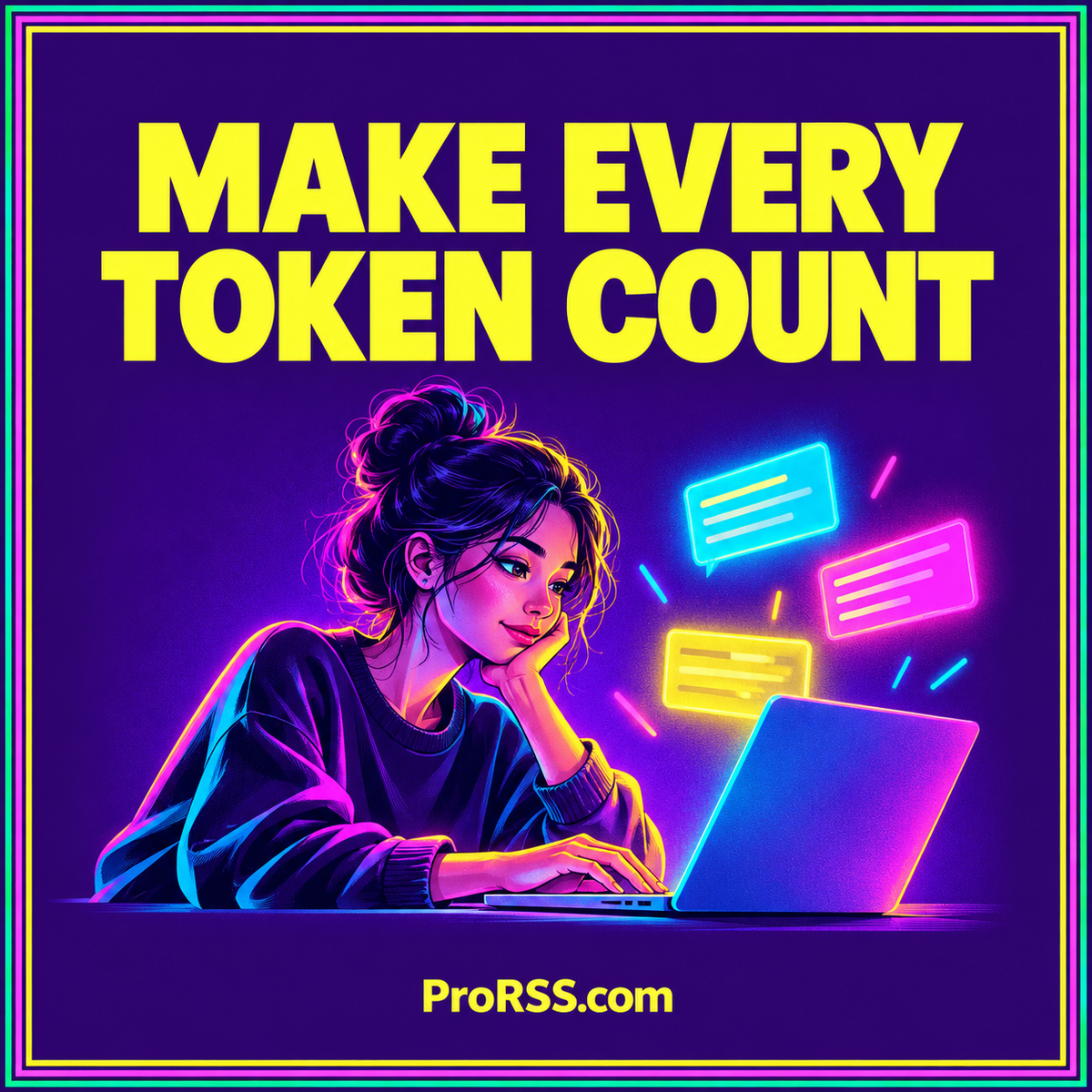 Plan feed token budgets — neon editorial illustration with ProRSS.com branding