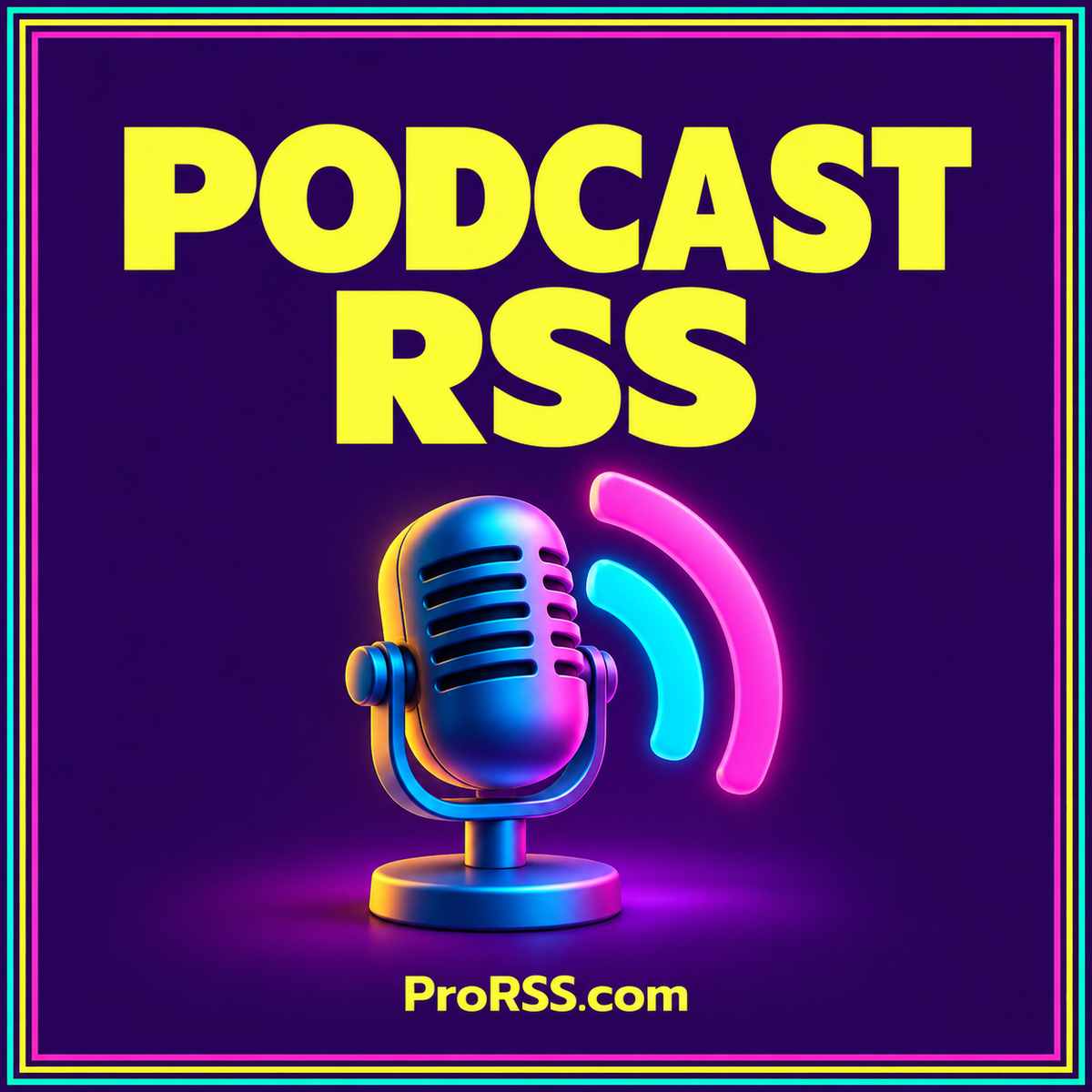 Podcast feed checklist — neon editorial illustration with ProRSS.com branding