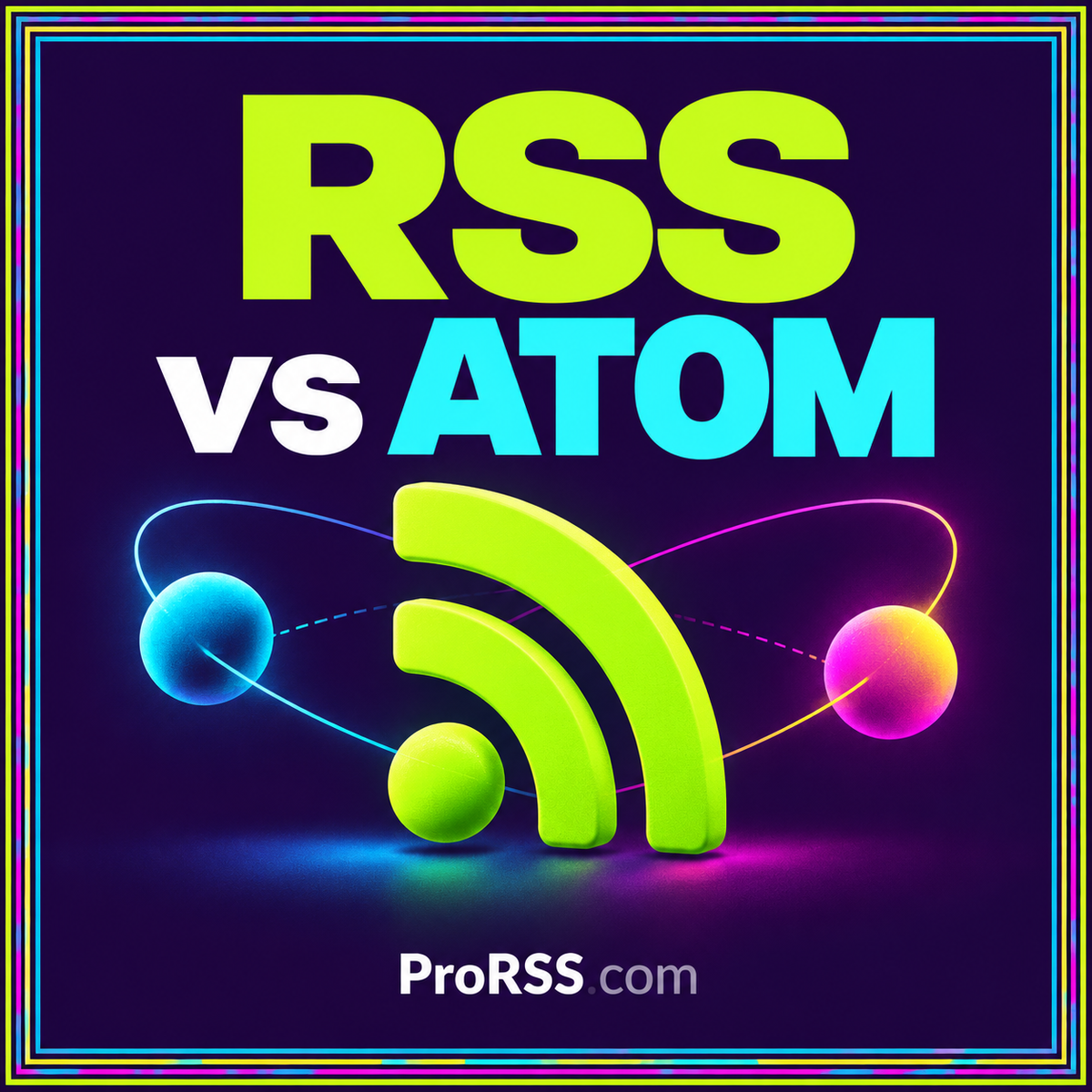 RSS vs Atom — neon editorial illustration with ProRSS.com branding